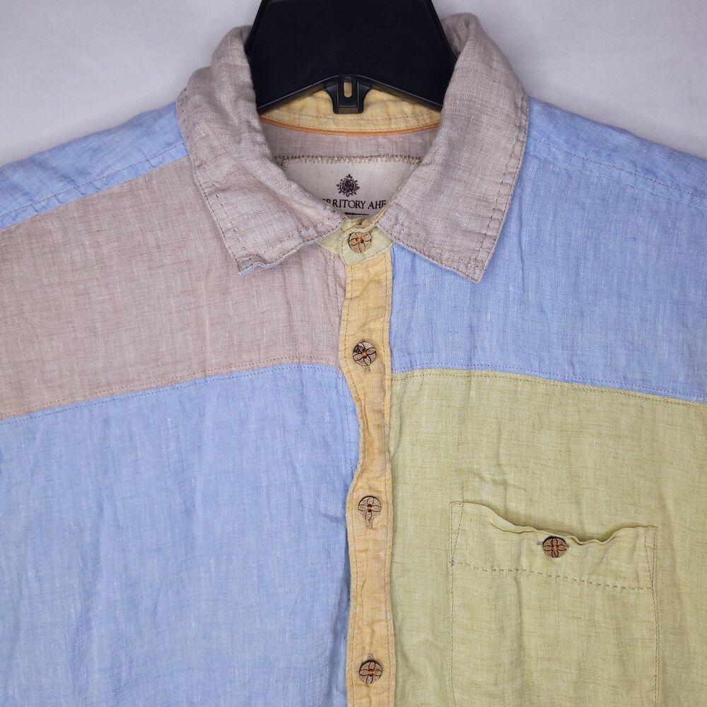 The Territory Ahead Linen Shirt Mens Large Multi Color Patchwork - Picture 2 of 10